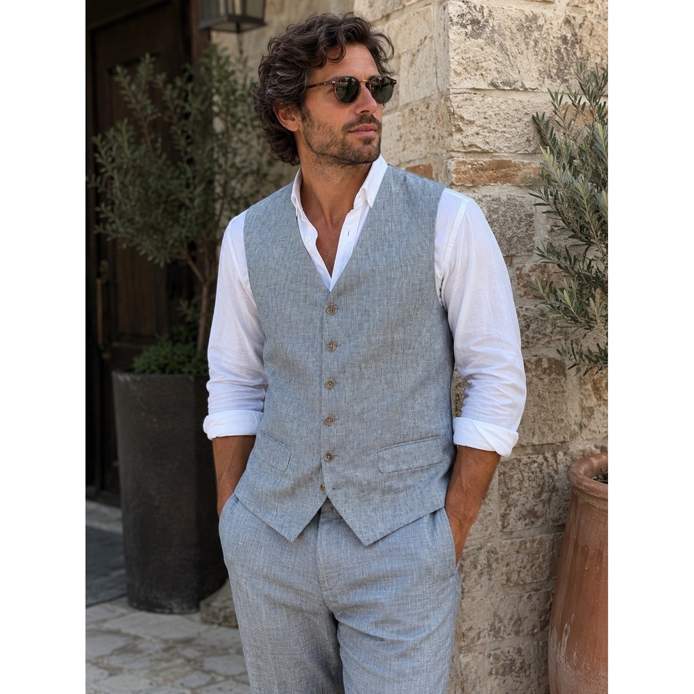 Joseph Abboud Gray Linen/Cotton Blend Button Front Vest | Men's XL | classic